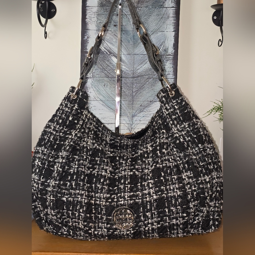 Dana Buchman Hobo. Black And White Tweed With Patent Leather Strap & Bottom EUC